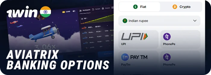 Payment methods for Indian players Aviatrix 1Win